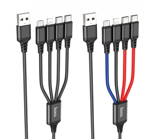 Кабель HOCO X76 USB to iP+Type-C+Type-C+Micro 2A, 1m, nylon, aluminum connectors Black+Red+Blue (6931474768650)