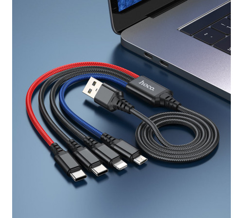 Кабель HOCO X76 USB to iP+Type-C+Type-C+Micro 2A, 1m, nylon, aluminum connectors Black+Red+Blue (6931474768650)