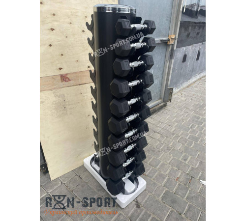 Гантели шестигранные со стойкой ряд 1-10 кг  Rubber Hexagon Dumbbell