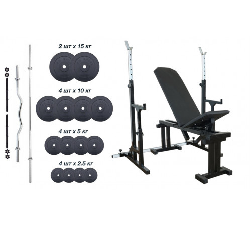 RN-Sport UM 0100. Скамья для жима, стойки для приседаний + 100 кг блинов и 4 грифа