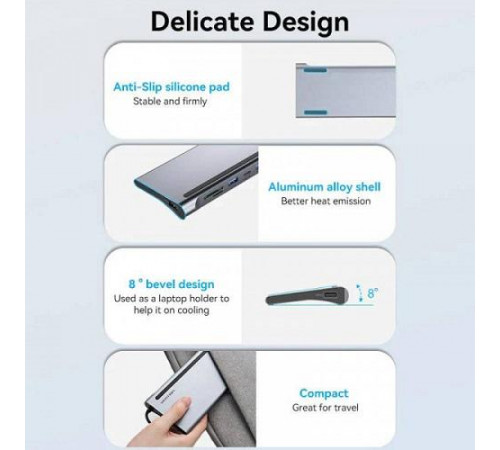 USB-хаб Vention Multi-function USB-C to HDMI/VGA/USB-C Gen 1/USB 3.0x2/USB 2.0/RJ45/SD/TF/TRRS 3.5mm/PD Docking Station 0.25m (THTHC)