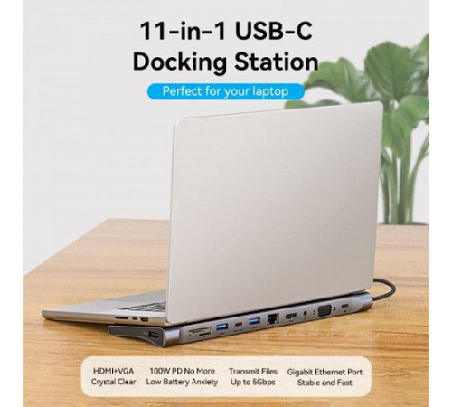 USB-хаб Vention Multi-function USB-C to HDMI/VGA/USB-C Gen 1/USB 3.0x2/USB 2.0/RJ45/SD/TF/TRRS 3.5mm/PD Docking Station 0.25m (THTHC)