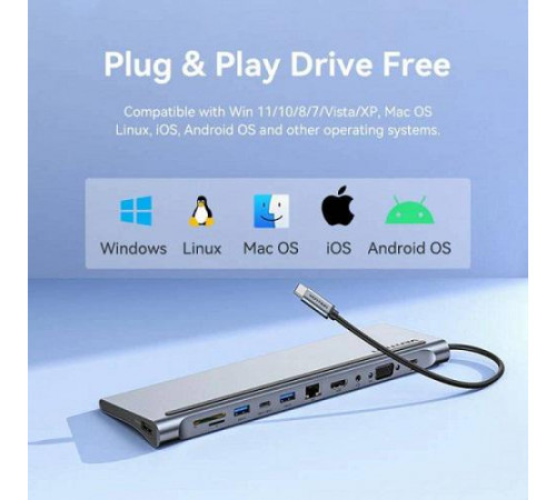 USB-хаб Vention Multi-function USB-C to HDMI/VGA/USB-C Gen 1/USB 3.0x2/USB 2.0/RJ45/SD/TF/TRRS 3.5mm/PD Docking Station 0.25m (THTHC)