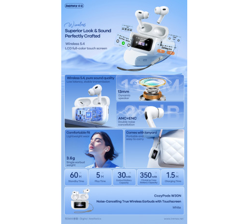 Бездротові навушники Remax W30N Noise-Cancelling Smart case