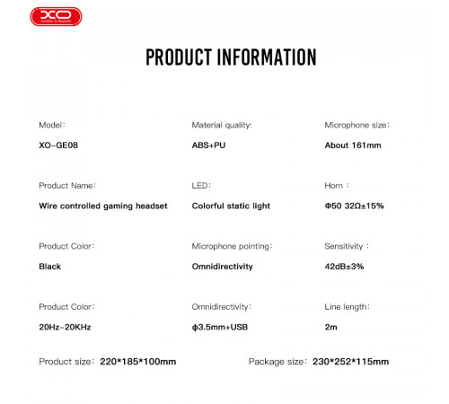 Навушники XO GE-08 Static RGB Long Game USB+Dual 3.5mm з мікрофоном
