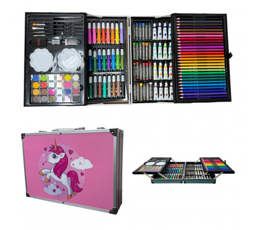 Набір для дитячої творчості ЄДИНОРІГ 145 предметів в алюмінієвій валізі Рожевий (6 шт)