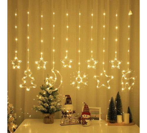 Гирлянда  Штора 10 Теплая    Usb   ЗВЕЗДЫ+ Елка+ снежинка +луна  И    SF-42      код-3598  (50)