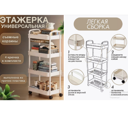 Этажерка на колесах  4  пололки   напольная белая Storage rack	906   2024new(20)    (28)