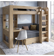 Детская двухъярусная кровать LION Флай 90х190 см со встроенным столом Дуб Аппалачи/Лили-95 (LION-041637) ТОП
