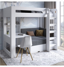 Детская двухъярусная кровать LION Флай 90х190 см со встроенным столом Нимфея Альба (белый) (LION-041643) ТОП