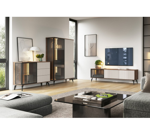 Витрина высокая с подсветкой Вичи / Vici WT103 2-дверная Орех/кашемир Perfect Home Польша (PFH-091278)