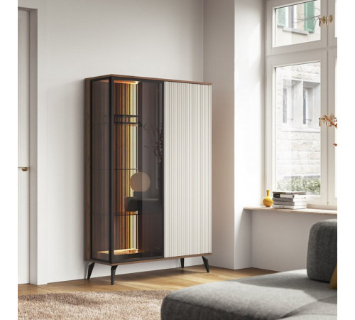 Витрина высокая с подсветкой Вичи / Vici WT103 2-дверная Орех/кашемир Perfect Home Польша (PFH-091278)