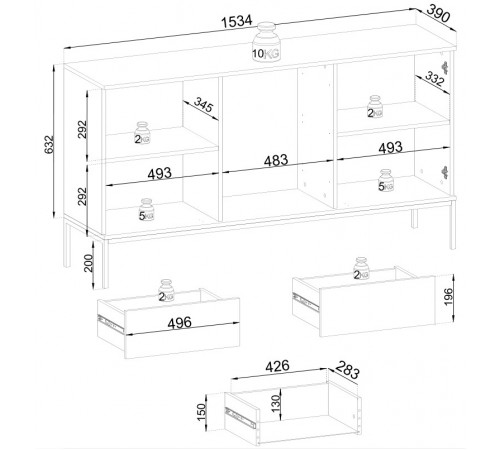 Комод с подсветкой Perfect Home Сенто / Sento KSZ154 2-дверный с 3 ящиками Черный/дуб один (PFH-091487)