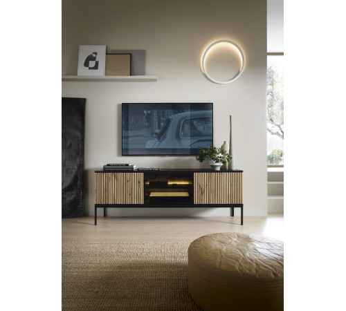Тумба под ТВ с подсветкой Perfect Home Сенто / Sento RTV154 3-дверная Черный/дуб вотан (PFH-091485)