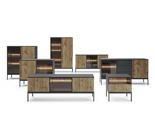 Витрина низкая с подсветкой Perfect Home Сенто / Sento WT104 2-дверная Черный/дуб один (PFH-091490)