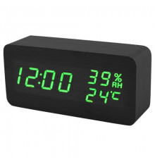 Годинник мережевий зелений, (корпус чорний) температура, вологість, USB