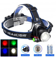 Ліхтар налобний (WHITE+RED+BLUE+GREEN),, ЗП Type-C, zoom, Box