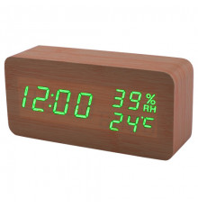 Годинник мережевий зелений, (корпус коричневий) температура, вологість, USB