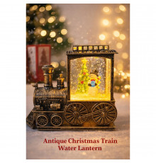 Декоративний новорічний світильник Паровоз зі сніговиком, святковий нічник на батарейках