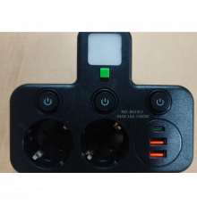 Мережевий адаптер-розгалужувач на розетки з USB та PD Type-C, мережевий потрійник чорний