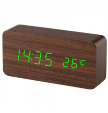 Годинник мережевий зелений, (корпус коричневий) температура, USB