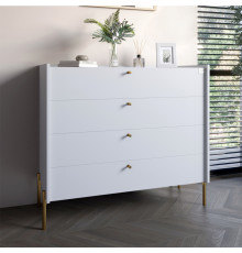 Комод із 4 шухлядами LION Wood із золотими ніжками 100х90х45 см Німфея Альба (білий) (LION-042969) ТОП